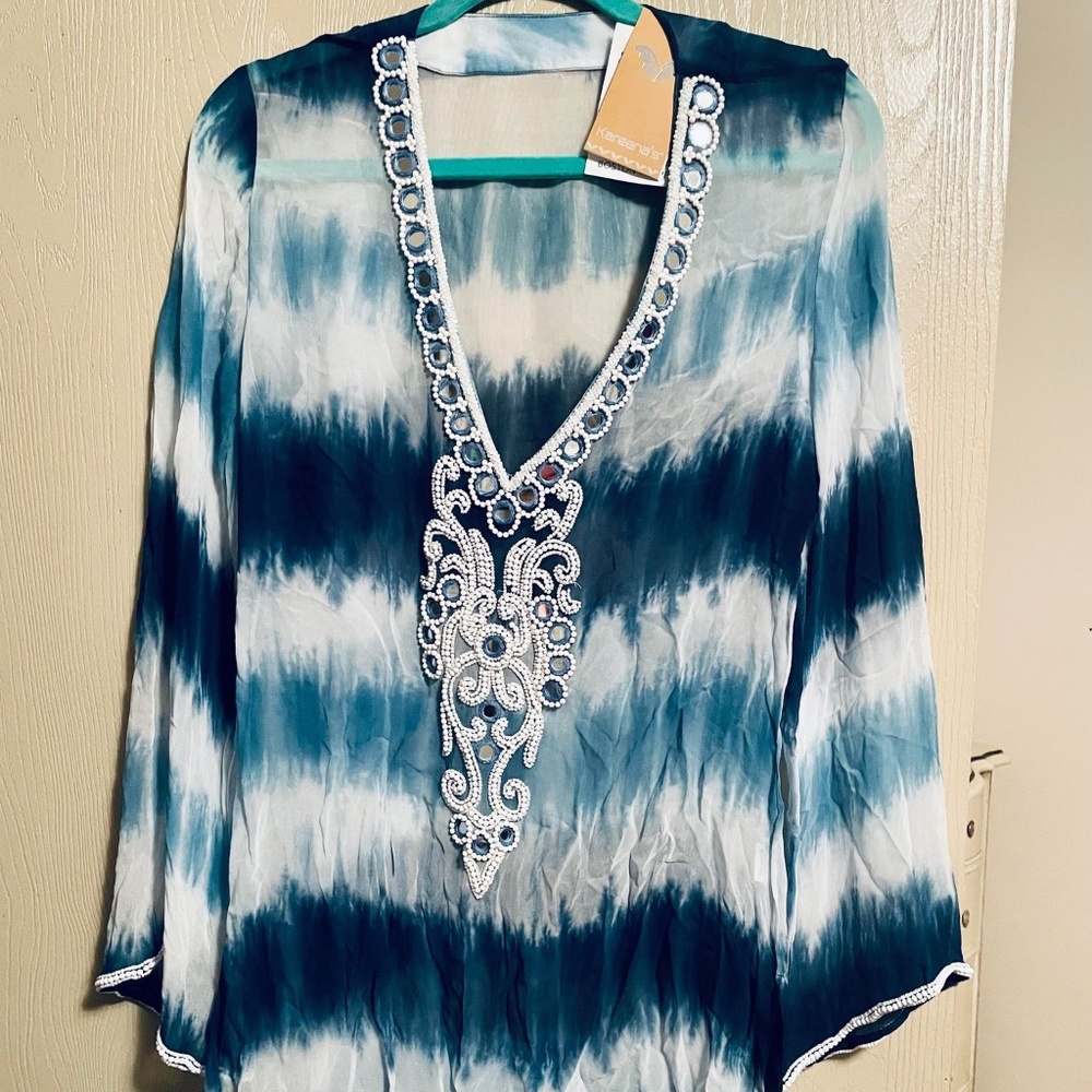 NWT S Ocean Tye Die Embellished Cover Up Tunic Swim Blue Waves Sparkles